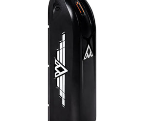 A black Addmotor 48V 20Ah battery for electric bikes, with a geometric pattern design.