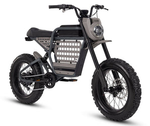 A black Ride1Up Revv1 DRT electric bike with off-road tires and a basket in the front.