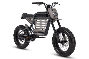 A black Ride1Up Revv1 DRT electric bike with off-road tires and a basket in the front.