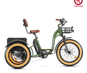 A green AddMotor Grandtan M-340 eTrike with a rear motor and front suspension, featuring large front and rear baskets, displayed with a 'UL Certified' sign in the top right corner.