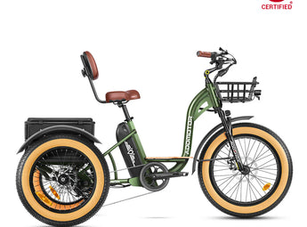 A green AddMotor Grandtan M-340 eTrike with a rear motor and front suspension, featuring large front and rear baskets, displayed with a 'UL Certified' sign in the top right corner.