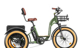 A green AddMotor Grandtan M-340 eTrike with a rear motor and front suspension, featuring large front and rear baskets, displayed with a 'UL Certified' sign in the top right corner.