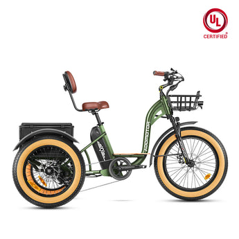 A green AddMotor Grandtan M-340 eTrike with a rear motor and front suspension, featuring large front and rear baskets, displayed with a 'UL Certified' sign in the top right corner.