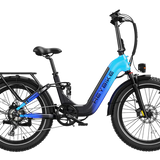 Electric bike with blue and black design on a white background