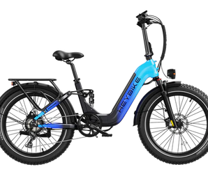 Electric bike with blue and black design on a white background