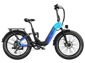 Electric bike with blue and black design on a white background
