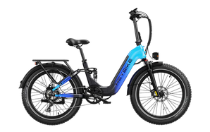 Electric bike with blue and black design on a white background
