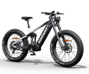 A black Himiway D7 Pro electric bike with fat tires, a mid-drive motor, and a battery pack on the seat post.