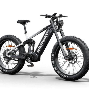 A black Himiway D7 Pro electric bike with fat tires, a mid-drive motor, and a battery pack on the seat post.