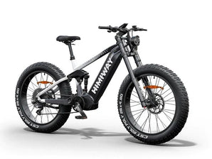 A black Himiway D7 Pro electric bike with fat tires, a mid-drive motor, and a battery pack on the seat post.