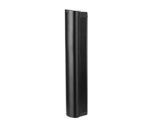 Black cylindrical object on a white background