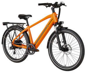 An orange Mokwheel Asphalt 2.0 48V 500W electric bike with hydraulic brakes, a rear rack, and a black seat.