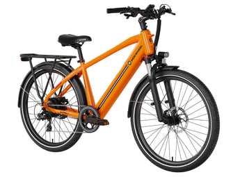An orange Mokwheel Asphalt 2.0 48V 500W electric bike with hydraulic brakes, a rear rack, and a black seat.