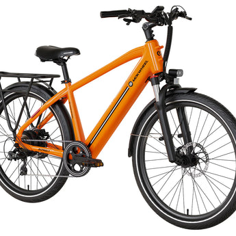 An orange Mokwheel Asphalt 2.0 48V 500W electric bike with hydraulic brakes, a rear rack, and a black seat.