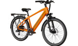 An orange Mokwheel Asphalt 2.0 48V 500W electric bike with hydraulic brakes, a rear rack, and a black seat.