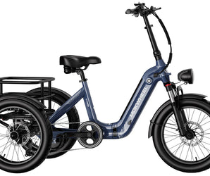 A blue Mokwheel Granite electric tricycle with a rear-wheel drive, featuring a large rear basket, front and rear fenders, and an ergonomic seat.