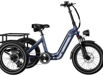 A blue Mokwheel Granite electric tricycle with a rear-wheel drive, featuring a large rear basket, front and rear fenders, and an ergonomic seat.