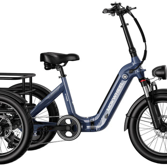 A blue Mokwheel Granite electric tricycle with a rear-wheel drive, featuring a large rear basket, front and rear fenders, and an ergonomic seat.