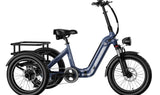A blue Mokwheel Granite electric tricycle with a rear-wheel drive, featuring a large rear basket, front and rear fenders, and an ergonomic seat.