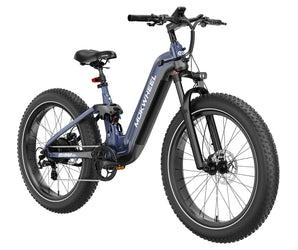 A black and blue Mokwheel Obsidian electric bike with hydraulic front forks and a step-through frame.