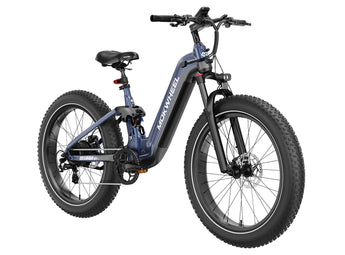 A black and blue Mokwheel Obsidian electric bike with hydraulic front forks and a step-through frame.