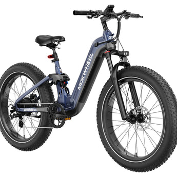 A black and blue Mokwheel Obsidian electric bike with hydraulic front forks and a step-through frame.