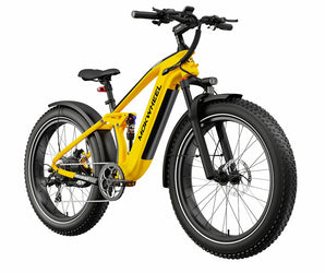 A yellow and black Mokwheel Obsidian 48V 1000W electric bike with hydraulic front forks, a large carrying capacity, and a color display.