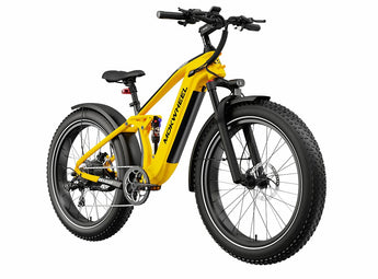 A yellow and black Mokwheel Obsidian 48V 1000W electric bike with hydraulic front forks, a large carrying capacity, and a color display.