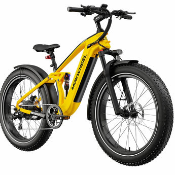 A yellow and black Mokwheel Obsidian 48V 1000W electric bike with hydraulic front forks, a large carrying capacity, and a color display.