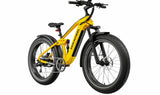 A yellow and black Mokwheel Obsidian 48V 1000W electric bike with hydraulic front forks, a large carrying capacity, and a color display.