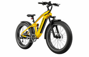 A yellow and black Mokwheel Obsidian 48V 1000W electric bike with hydraulic front forks, a large carrying capacity, and a color display.
