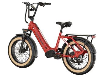 A red and black Mokwheel Scoria 48V 750W electric bike with hydraulic front forks, a step-through frame, and a smart display.