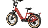 A red and black Mokwheel Scoria 48V 750W electric bike with hydraulic front forks, a step-through frame, and a smart display.