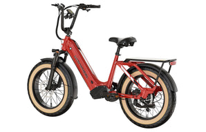 A red and black Mokwheel Scoria 48V 750W electric bike with hydraulic front forks, a step-through frame, and a smart display.