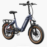 A blue Mokwheel Slate folding electric bike with fat tires, hydraulic front forks, and a rear rack.