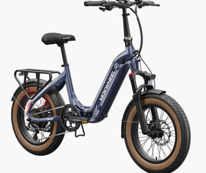 A blue Mokwheel Slate folding electric bike with fat tires, hydraulic front forks, and a rear rack.