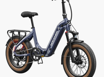 A blue Mokwheel Slate folding electric bike with fat tires, hydraulic front forks, and a rear rack.
