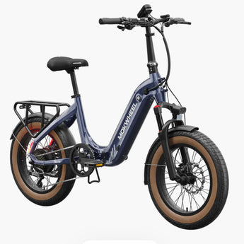 A blue Mokwheel Slate folding electric bike with fat tires, hydraulic front forks, and a rear rack.