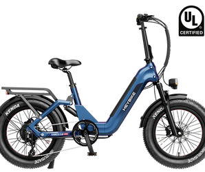 Blue electric bike with visible branding and certification logos on a white background