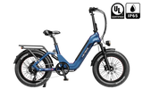 Blue electric bike with visible branding and certification logos on a white background