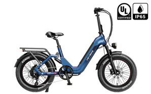 Blue electric bike with visible branding and certification logos on a white background