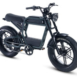 A black Ride1Up Revv1 FS electric bike with a moped-style design, featuring a small front wheel, a larger rear wheel, a pedals, and a seat.