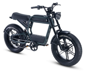 A black Ride1Up Revv1 FS electric bike with a moped-style design, featuring a small front wheel, a larger rear wheel, a pedals, and a seat.
