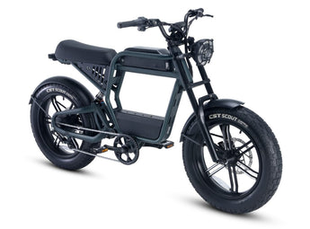 A black Ride1Up Revv1 FS electric bike with a moped-style design, featuring a small front wheel, a larger rear wheel, a pedals, and a seat.