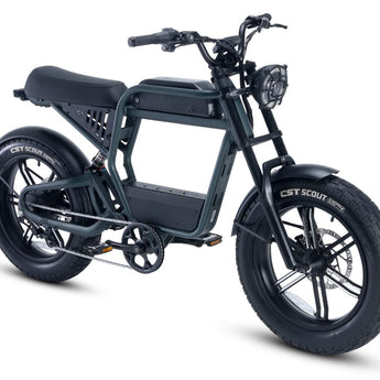 A black Ride1Up Revv1 FS electric bike with a moped-style design, featuring a small front wheel, a larger rear wheel, a pedals, and a seat.