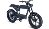 A black Ride1Up Revv1 FS electric bike with a moped-style design, featuring a small front wheel, a larger rear wheel, a pedals, and a seat.