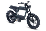 A black Ride1Up Revv1 FS electric bike with a moped-style design, featuring a small front wheel, a larger rear wheel, a pedals, and a seat.