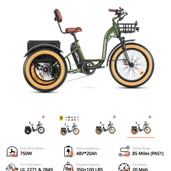 Addmotor Grandtan M-340 3 Wheel Electric Bikes for Seniors, Easy to Control 2023 New Version, Neptune Blue
