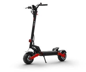 A Varla Eagle One V 2.0 electric scooter with a black and red color scheme, featuring a front suspension, dual hydraulic brakes, and a color display.