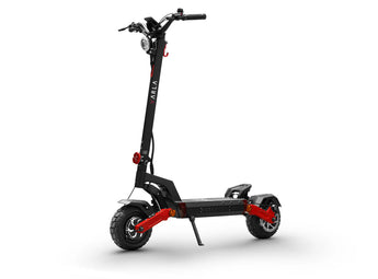 A Varla Eagle One V 2.0 electric scooter with a black and red color scheme, featuring a front suspension, dual hydraulic brakes, and a color display.